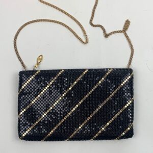 Vintage Black and Gold Sequin Clutch purse Bag Chain Strap Zip closed Lined
